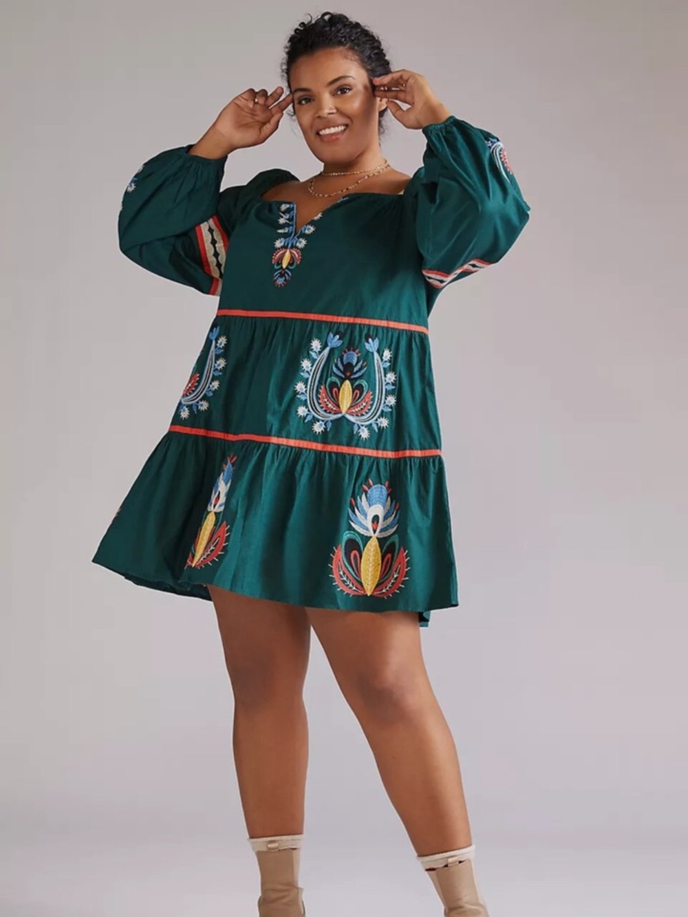 Anthropology Let Me Be Embroidered Green Peasant Mini Dress